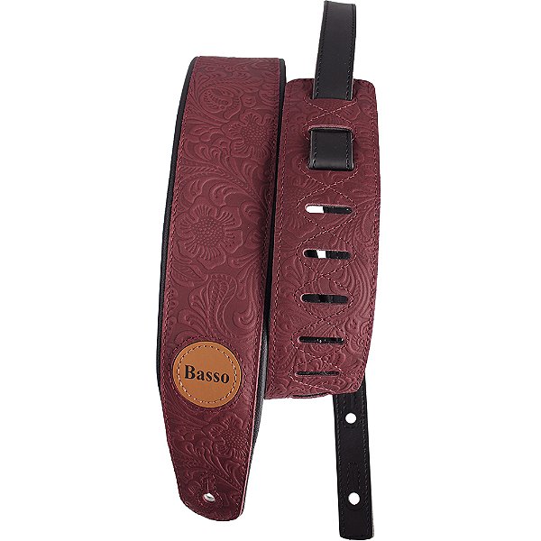 Correia Basso VT SL 53 Couro Sintético Bordô Floral 7cm para Guitarra Baixo Violão