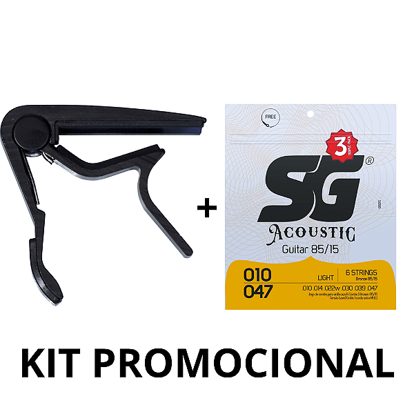 PROMO - Capotraste Dolphin + Encordoamento Violão SG 010-047 Bronze 85/15 Light - Pack com 3 unidades