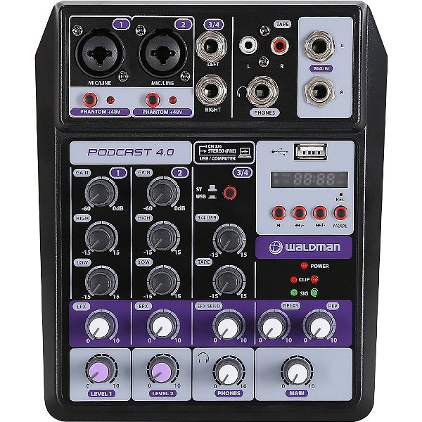 Mesa de Som Waldman PODCAST 4.0 - mixer portátil 4 canais com interface de áudio