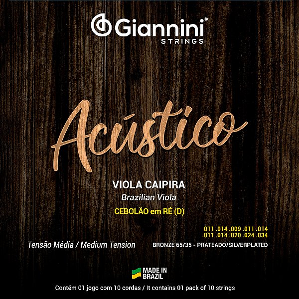 Encordoamento Viola Caipira Giannini 011-034 Cebolão Ré Acústico Bronze 65/35 Tensão Média GESVAM