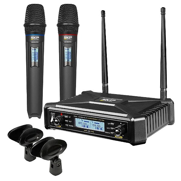 Microfone Sem Fio UHF SKP UHF 600 Pro Dinâmico de Mão Duplo