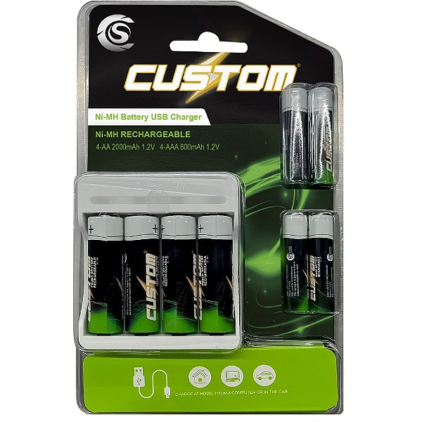 Kit de Pilhas Recarregáveis com Carregador USB Custom Power CSCU 08 - 4x AA e 4x AAA