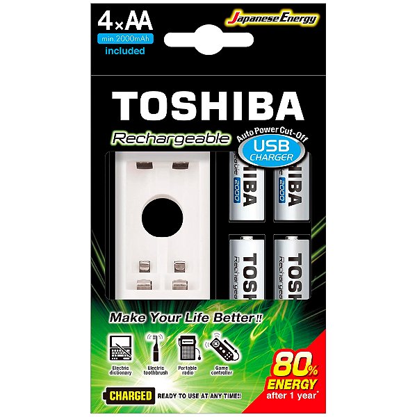 Carregador de Pilhas USB TNHC-6GME4 CB c/ 4 Pilhas AA 2000 MAh Toshiba