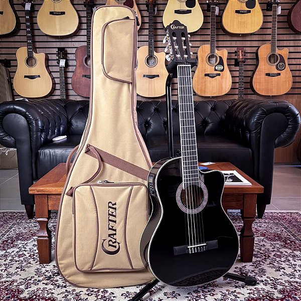 Violão Crafter HC-250CE/BK Nylon Cutaway Spruce Black - Eq PL-T NV Gold - c/ Bag
