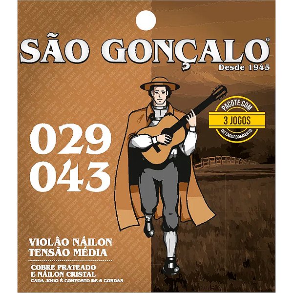 Encordoamento Violão Nylon São Gonçalo Cristal Tensão Média c/ Bolinha - 75TP - Pack com 3 unidades