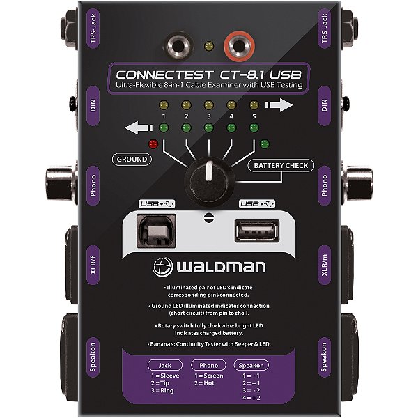 Testador de Cabos Waldman CONNECTEST CT-8.1USB - P10 TRS XLR MIDI RCA SPEAKON USB