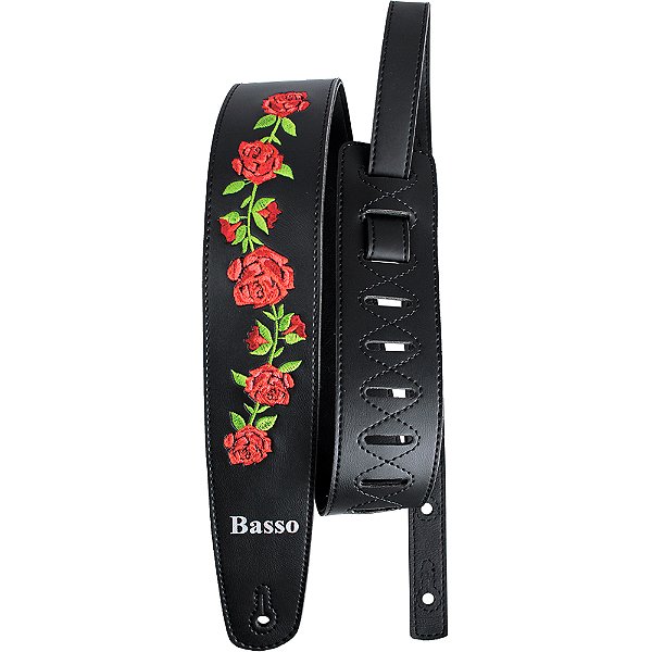 Correia Basso VT FL 01 Couro Sintético Bordada Floral Preta 7cm p/ Guitarra Baixo Violão