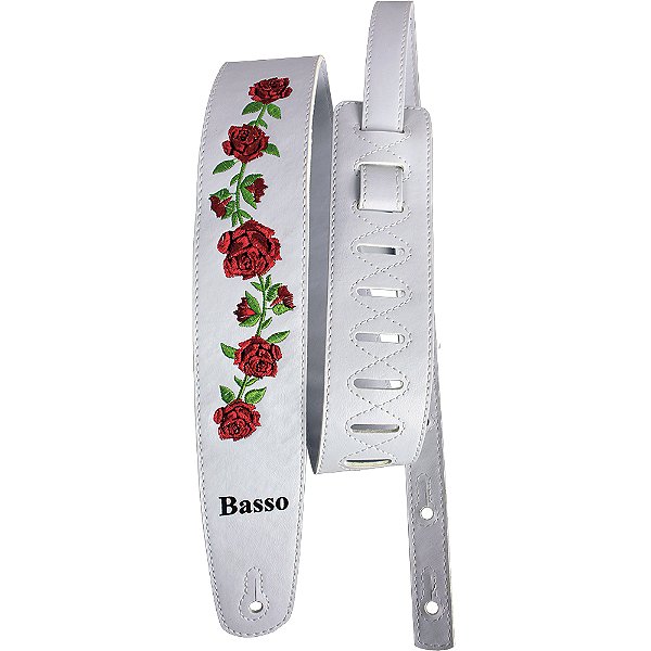 Correia Basso VT FL 04 Couro Sintético Bordada Floral Branca 7cm p/ Guitarra Baixo Violão