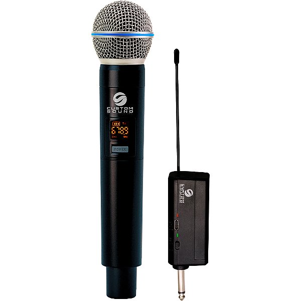 Microfone Sem Fio UHF Dinâmico de Mão Custom Sound CW 30 - BK - c/ bateria recarregável