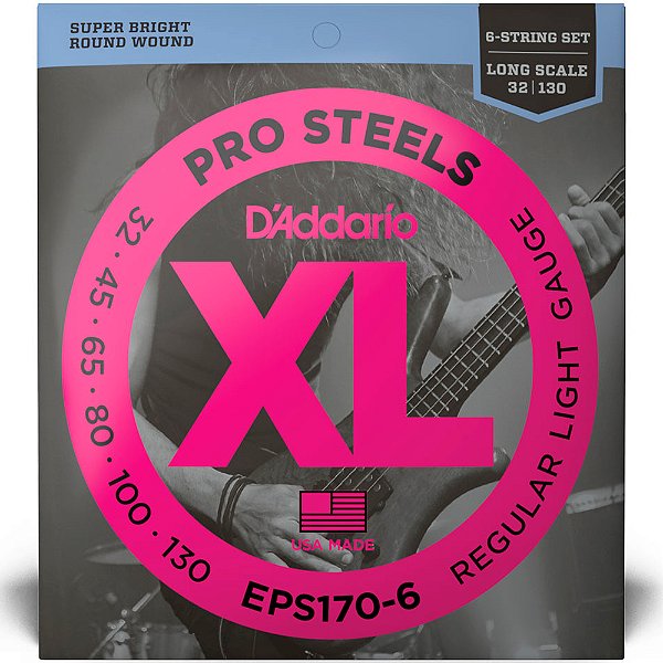 Encordoamento Baixo 6 Cordas D'Addario 032-130 EPS170-6 Pro Steels Regular Light Long Scale
