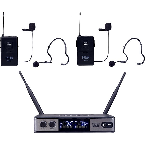 Microfone Sem Fio UHF Dylan UDX-06 MULTI - 2 Bodypacks - Headset - Lapela - Transmissor p/ Instrumento