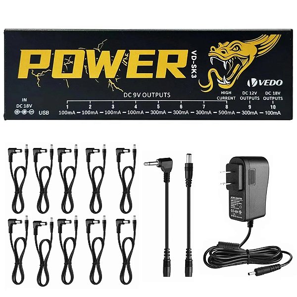 Fonte p/ Pedais Vedo VD-SK3 - Isolada - p/ 10 pedais - 9V 12V 18V DC - 2200mA
