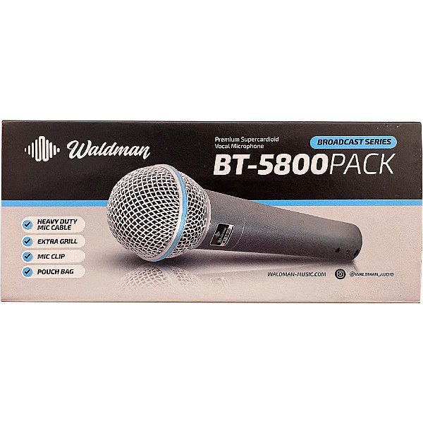 Microfone Dinâmico Waldman BT-5800PACK - c/ cabo cachimbo bag e globo extra - Broadcast Series