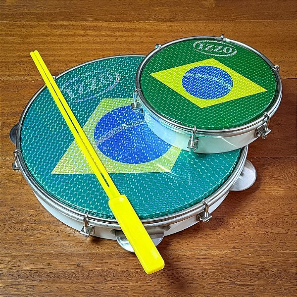 Kit Copa do Mundo Branco Pandeiro 10" ABS Brasil + Tamborim 6" ABS Brasil + Baqueta Dupla - Izzo