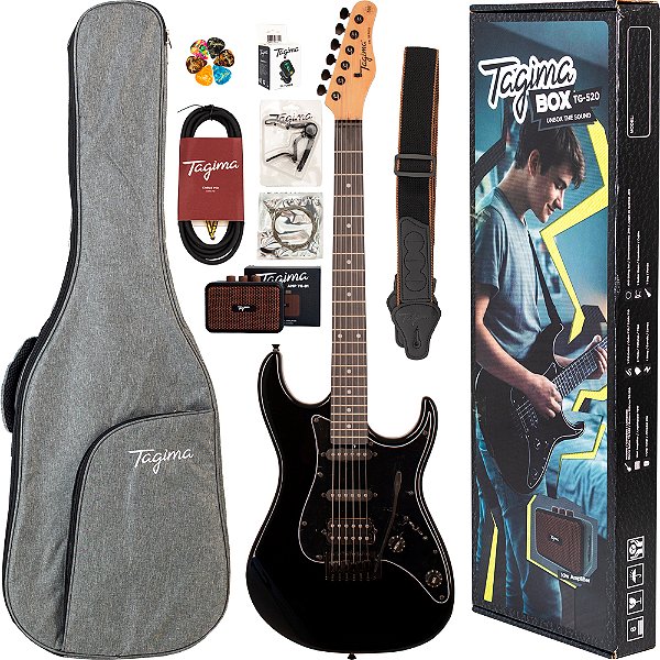Kit Guitarra Tagima Box TG-520 BK Black - HSS - c/ Amplificador Correia Afinador Palhetas Cabo Capo e Bag