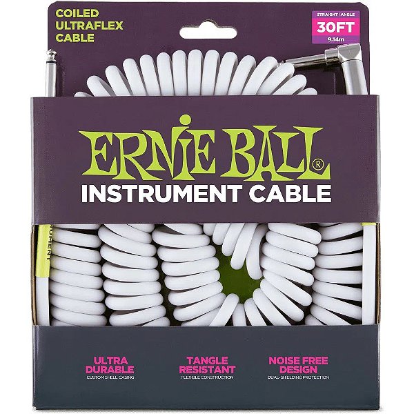 Cabo para Instrumento Ernie Ball 6045 Coiled Ultraflex Cable Branco espiral 9,14m P10 x P10 Reto-L