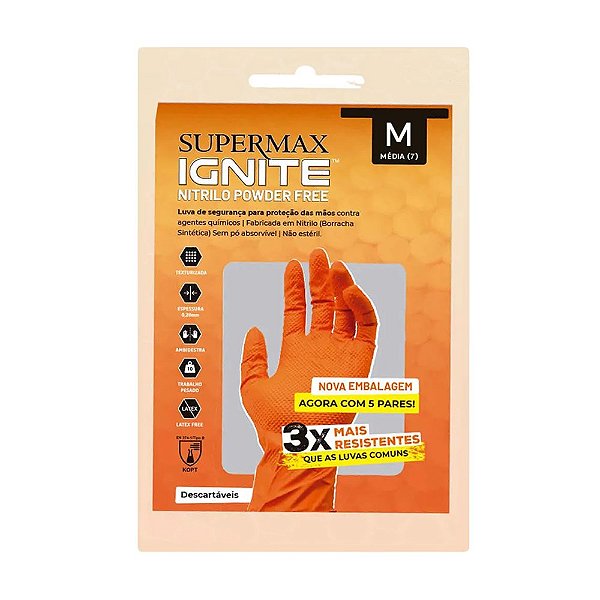 LUVA PROT NITRILO LARANJA IGNITE PT 5 PARES TAM M -  SUPERMAX
