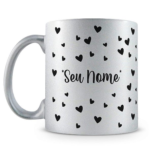 Caneca Personalizada Perolada Prata - Corações (Com Nome)