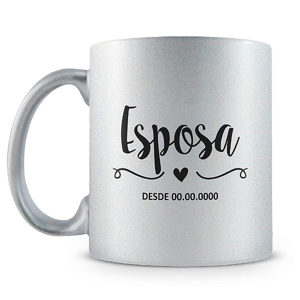 Caneca Personalizada Perolada Prata - Esposa (Com Data)