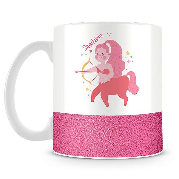 Caneca Personalizada Base Glitter Rosa - Signo Sagitário