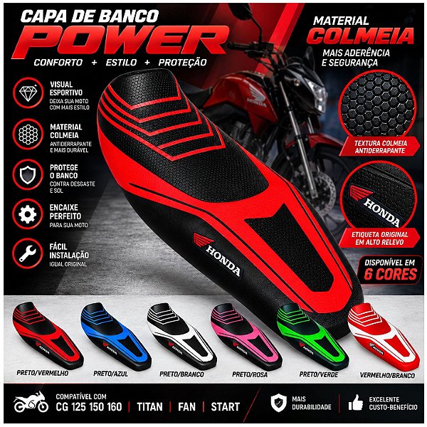 Capa de Banco Power para Moto Esportiva Honda Cg Titan Fan 125 150 160 Pintada