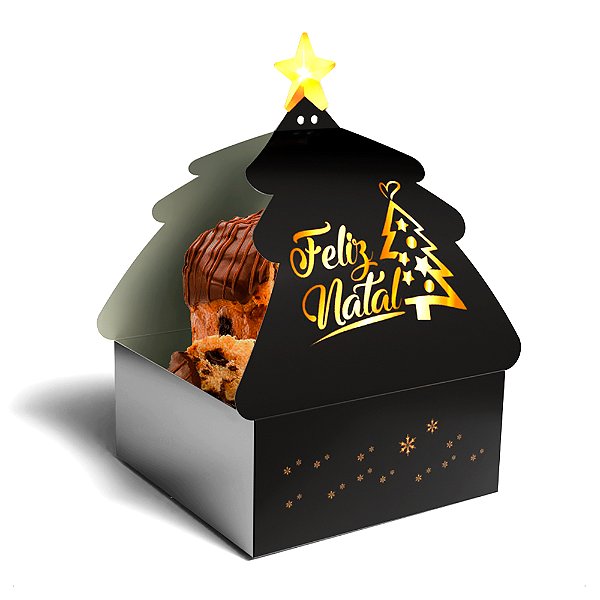 Caixa para Panetone / Chocotone - Modelo Cinta Árvore Natal | Preta Hot Stamp