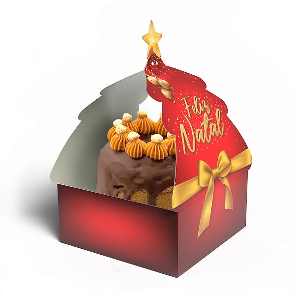 Caixa para Panetone / Chocotone - Modelo Cinta Árvore Natal | Clássica Vermelha