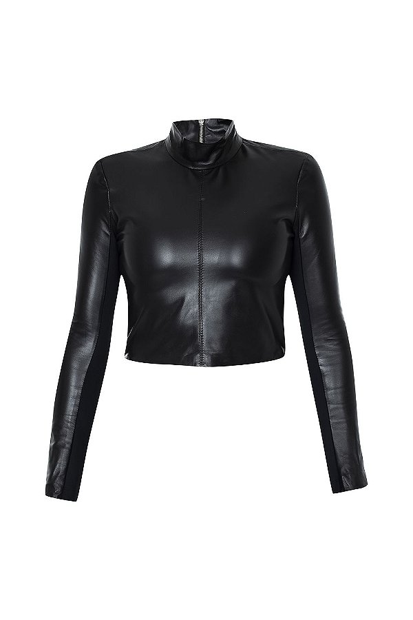 CROPPED MANGA LONGA COURO