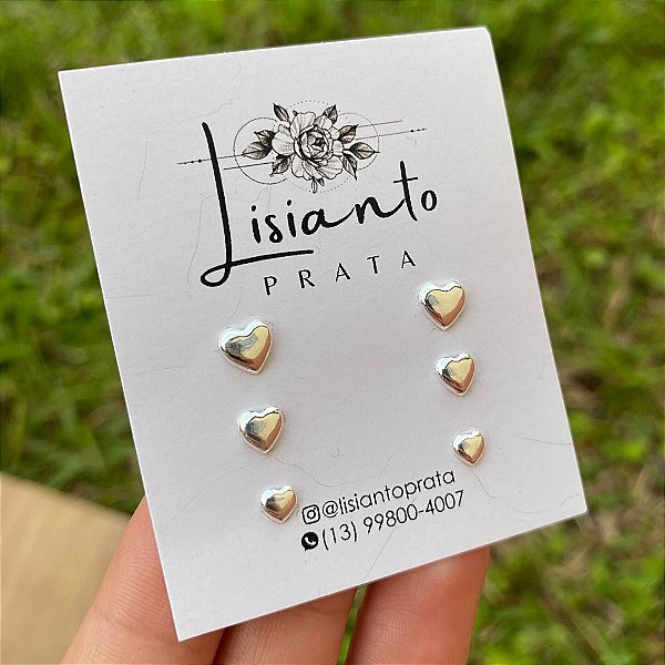 Trio de Brincos Coração Liso - Prata 925