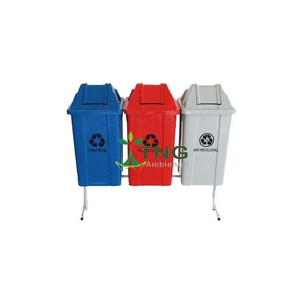 Conjunto Coleta Seletiva Com 03 Lixeiras de Plástico Com Tampa Vai-Vem, 60 Litros Cada