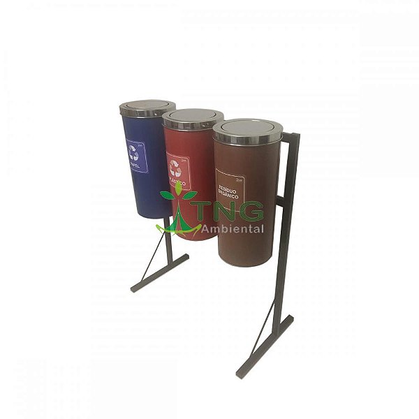 Conjunto Coleta Seletiva Com 03 Lixeiras Em Plástico Com Tampa Flip-Top Em Aço Inox, 25 Litros Cada