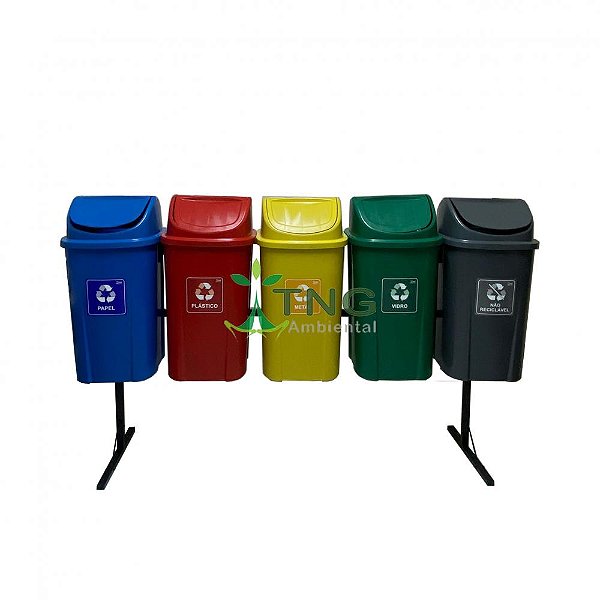 Conjunto Coleta Seletiva Com 05 Lixeiras Em Plástico Com Tampa Vai-Vem, 60 Litros Cada