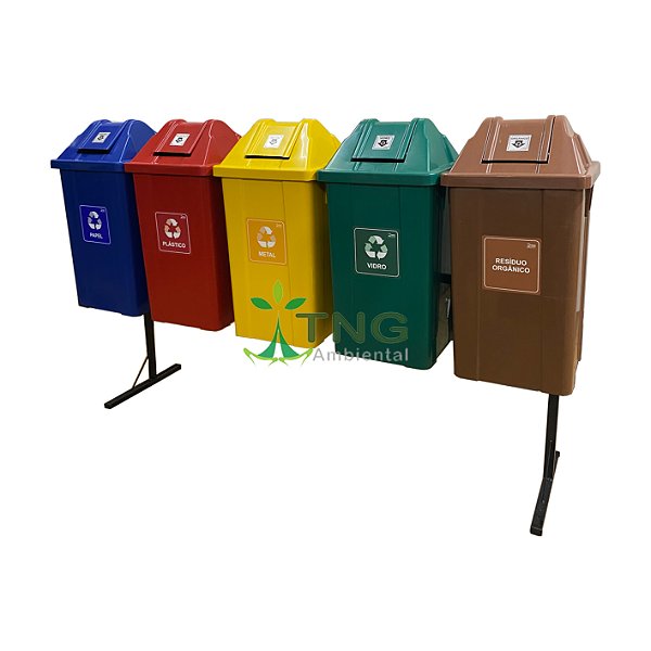 Conjunto Coleta Seletiva Com 05 Lixeiras Em Plástico Com Tampa Vai-Vem, 25 Litros Cada