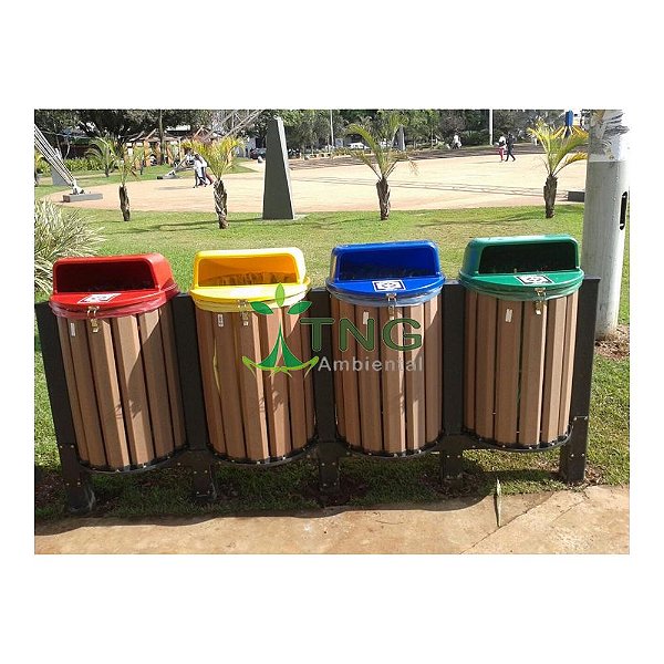 Conjunto Coleta Seletiva Com 04 Lixeiras Em Madeira Plástica 94 Litros Cada