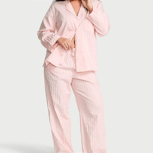 Pijama Longo Victoria's Secret Heritage Cotton Shadow Stripe Long Pajama Set TM M | Cor: Pretty Blossom Shadow Stripe