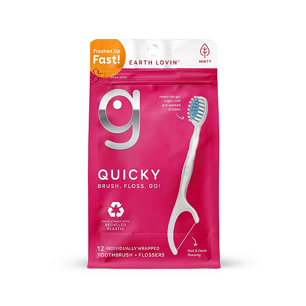 Escovas de Dentes Descartáveis com Fio Dental Grin Quicky Grin Oral Care Quicky Brush and Flosser Combo 12 Unidades | Sabor: Menta
