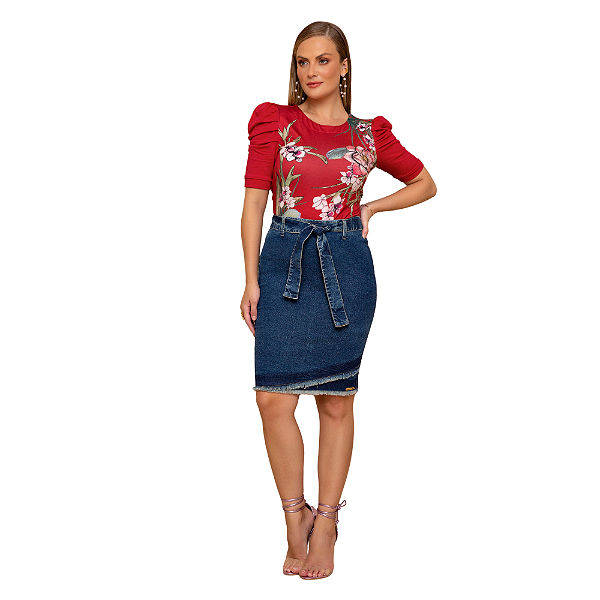 Saia jeans lápis com faixa Laura Rosa