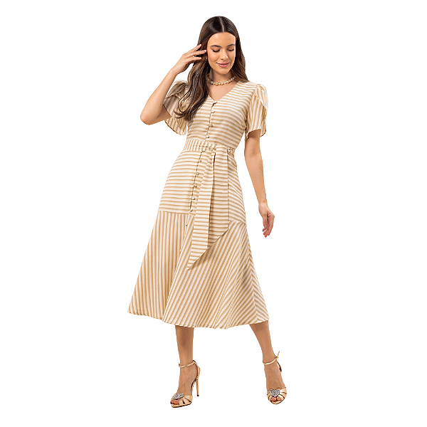 Vestido evasê plano listrado com botões e faixa 120 cm Laura Rosa
