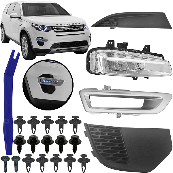 Kit Completo Farol Milha Com Grade e Moldura Discovery Sport 2014/2019 Cor Prata Lado Motorista