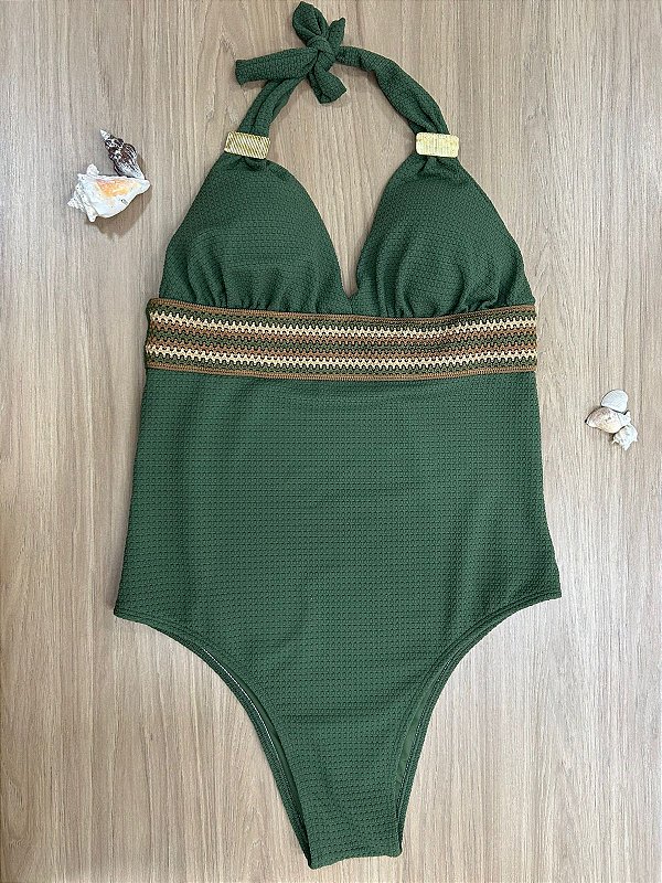 MAIÔ FRENTE ÚNICA CALÇA INTEIRA NA COR VERDE COM ACESSÓRIO - 641