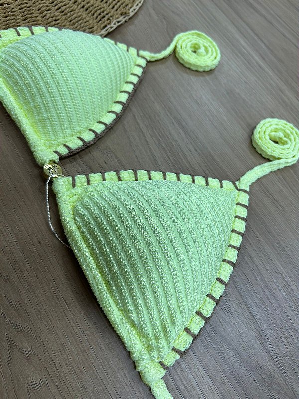 TOP BIQUINI CORTININHA AMARELO COM DETALHE EM CROCHÊ NA COR MARROM | REF 4011C