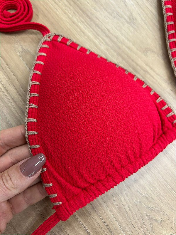 TOP BIQUINI CORTININHA VERMELHO COM DETALHE EM CROCHÊ NA COR MARROM | REF 4011V