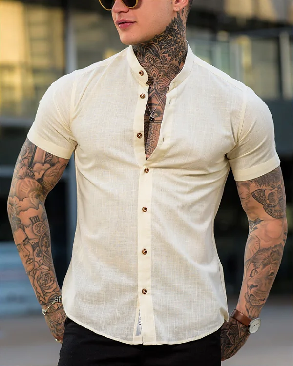 CAMISA LINHO OFFWHITE MANGA CURTA-GOLA PADRE