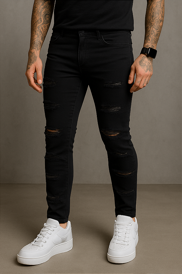 CALÇA JEANS PRETA MASCULINA SKINNY-CITY DENIM-DESTROYED
