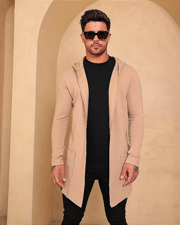 CARDIGAN MASCULINO-CAPUZ-CAPUCCINO-ELASTANO