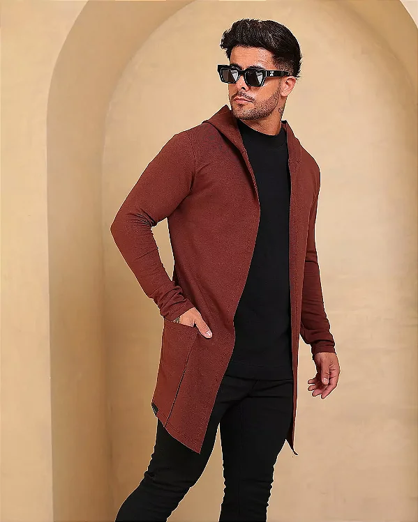 CARDIGAN MASCULINO MARROM-CAPUZ-CAPUCCINO-ELASTANO