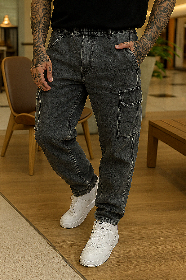 CALÇA MASCULINA ESTONADA-BALÃO-CARGO-BOLSO LATERAL STREET-