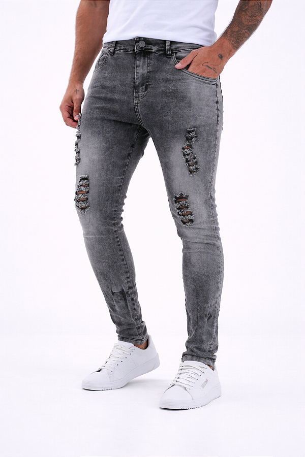 CALÇA JEANS SKINNY JEANS DESTROYED CINZA ELASTANO