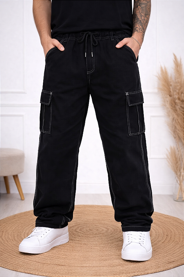 CALÇA CARGO CONTRASTE UNISSEX BOLSO LATERAL STREET SARJA