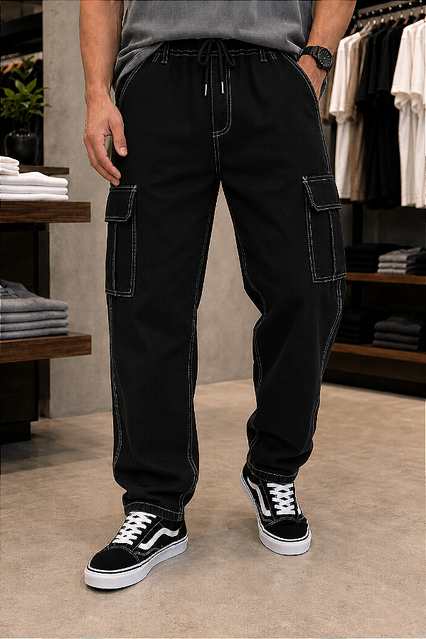CALÇA CARGO CONTRASTE UNISSEX BOLSO LATERAL STREET SARJA
